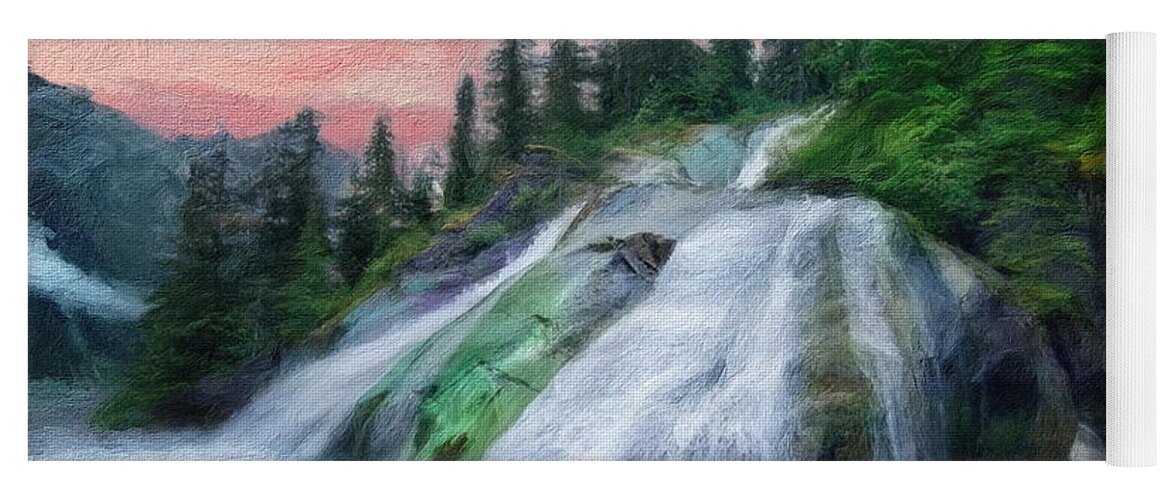 Alaska Yoga Mat featuring the digital art Alaska Inside Passage - Waterfall at Sunset by Russ Harris