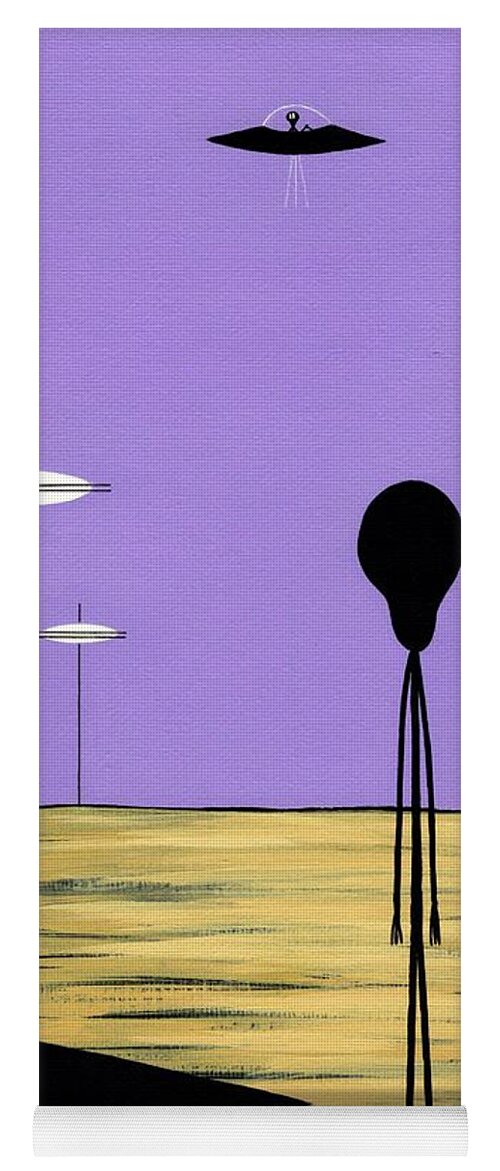 Retro Yoga Mat featuring the painting Aliens Yellow Planet Purple Sky by Donna Mibus