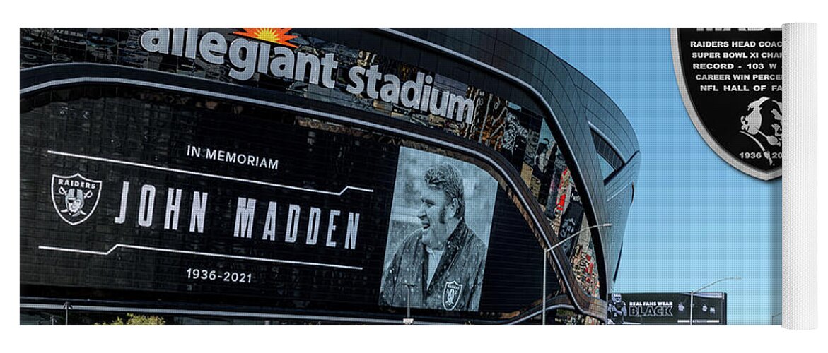 John Madden Yoga Mat featuring the photograph Allegiant Stadium and Raiders John Madden Tribute Achievements Shield on Gameday by Aloha Art