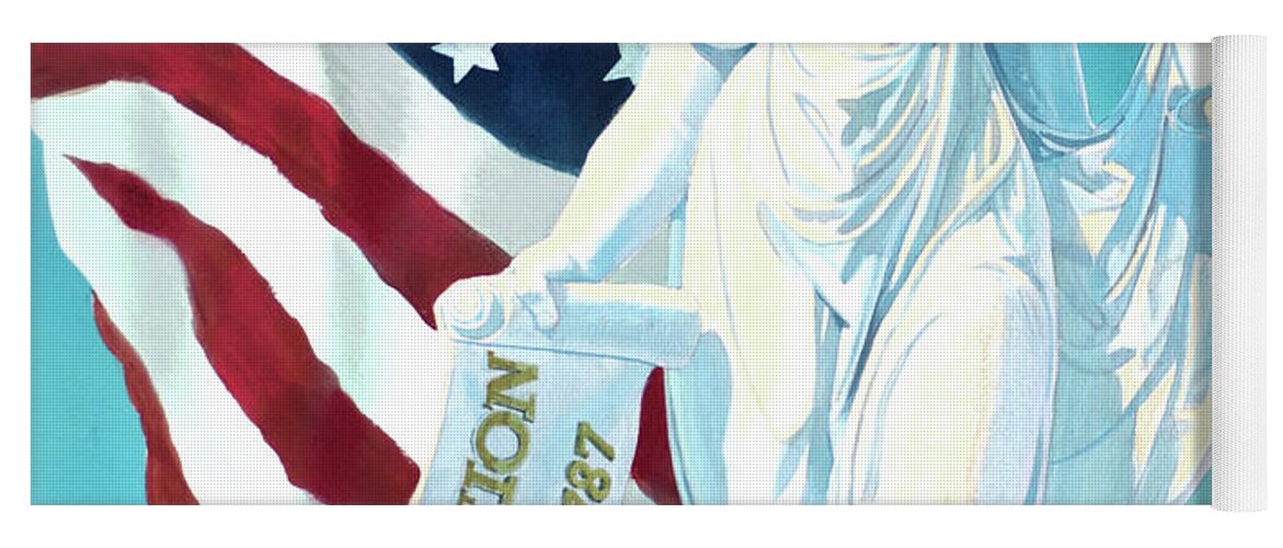 Tom Lydon Yoga Mat featuring the painting America - Genius of America - Justice Holding Scale And Scrolls by Tom Lydon