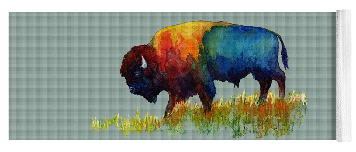 Bison Yoga Mat featuring the painting American Buffalo III-solid background by Hailey E Herrera