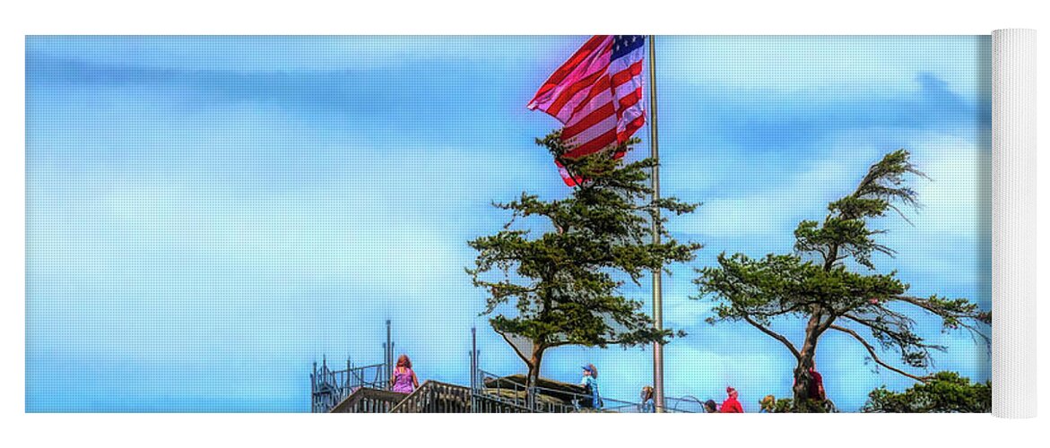Chimney Rock Yoga Mat featuring the digital art American Flag at Chimney Rock by Amy Dundon