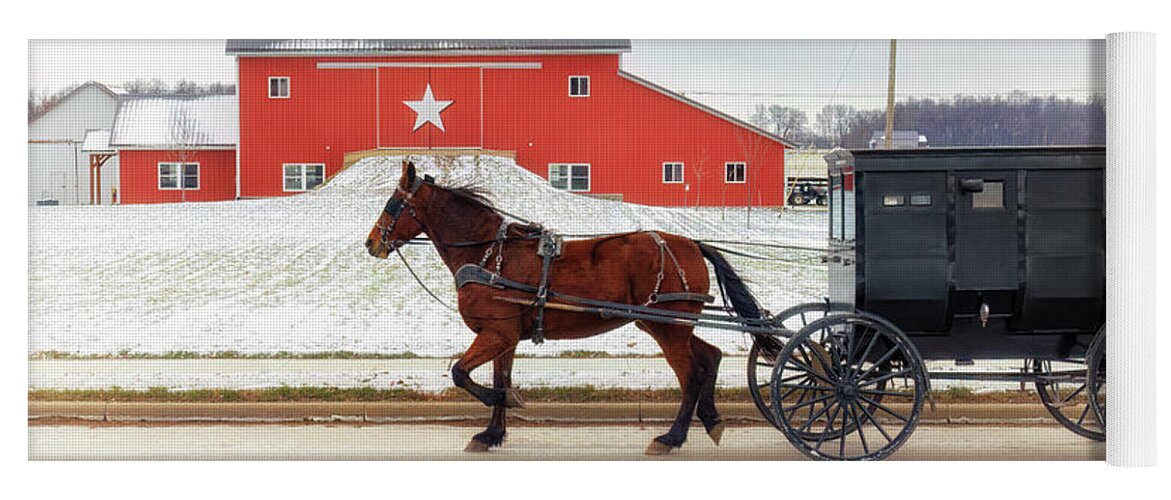 Amish Yoga Mat featuring the photograph Amish Buggy at the Star Barn by Susan Rissi Tregoning