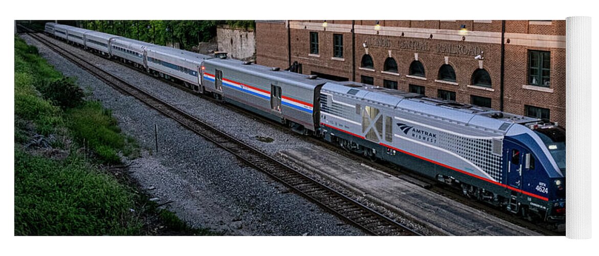 Railroad Yoga Mat featuring the photograph Amtrak 393 pulls into the old Illinois Central Depot in downtown Mattoon Illinois by Jim Pearson