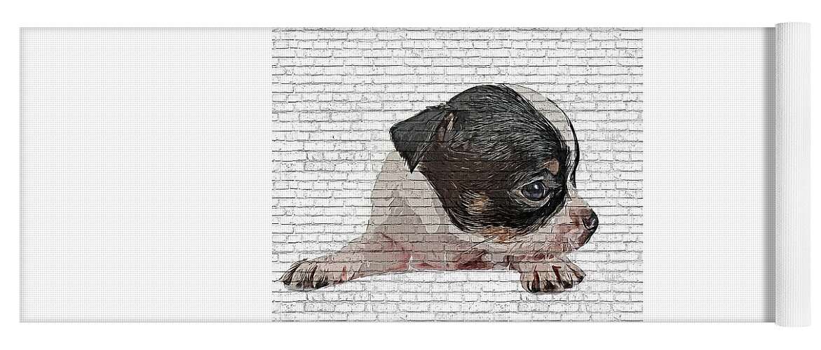 Angel Yoga Mat featuring the painting An Angel, Black and White Chihuahua Dog Puppy - Brick Block Background by Custom Pet Portrait Art Studio