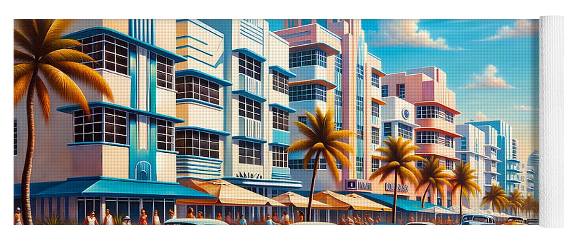 Art-deco Yoga Mat featuring the painting An art deco Miami beachfront, with classic cars and palm trees by Jeff Creation