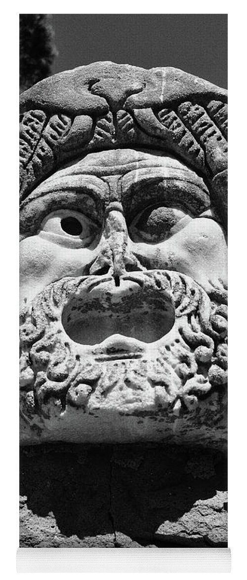Ostia Antica Yoga Mat featuring the photograph Ancient Marble Mask of the Arts Theater Ruins Ostia Antica Black and White by Shawn O'Brien