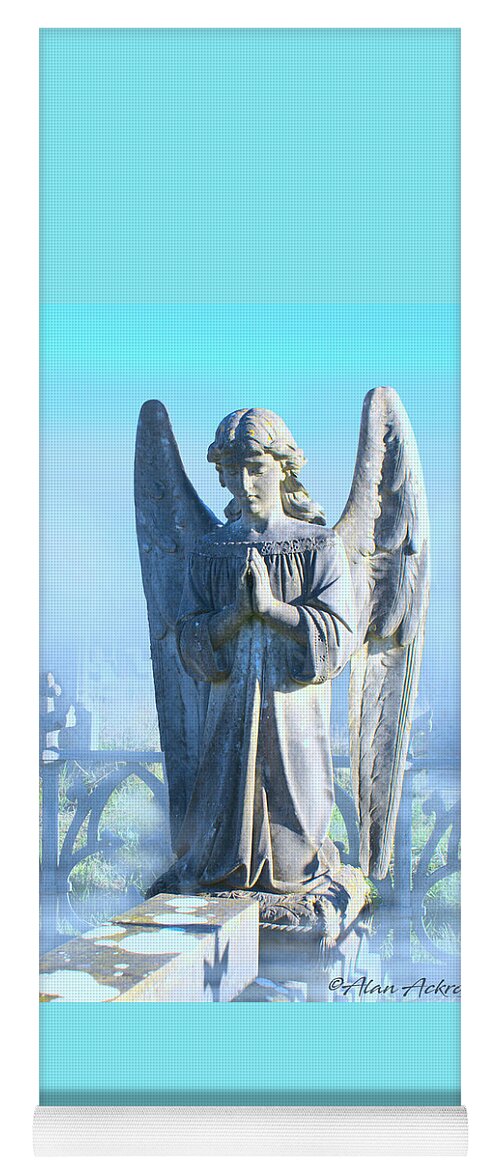 Angel Yoga Mat featuring the pyrography Angel Statue in the Mist by Alan Ackroyd
