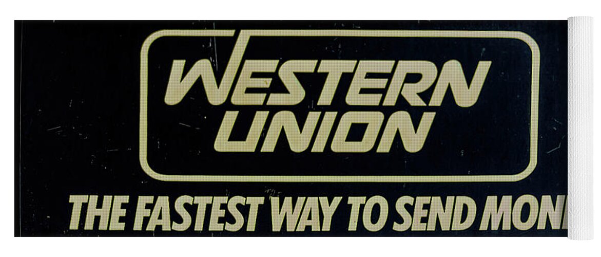 Western Union Yoga Mat featuring the photograph Antique Western Union wall sign by Flees Photos