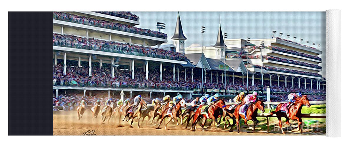 Churchill Downs Yoga Mat featuring the digital art Around The First Turn by CAC Graphics