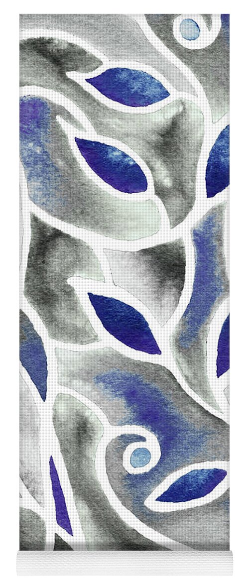 Gray Blue Yoga Mat featuring the painting Art Nouveau Batik Style Leaves And Lines Ultramarine Gray Pattern Watercolor by Irina Sztukowski