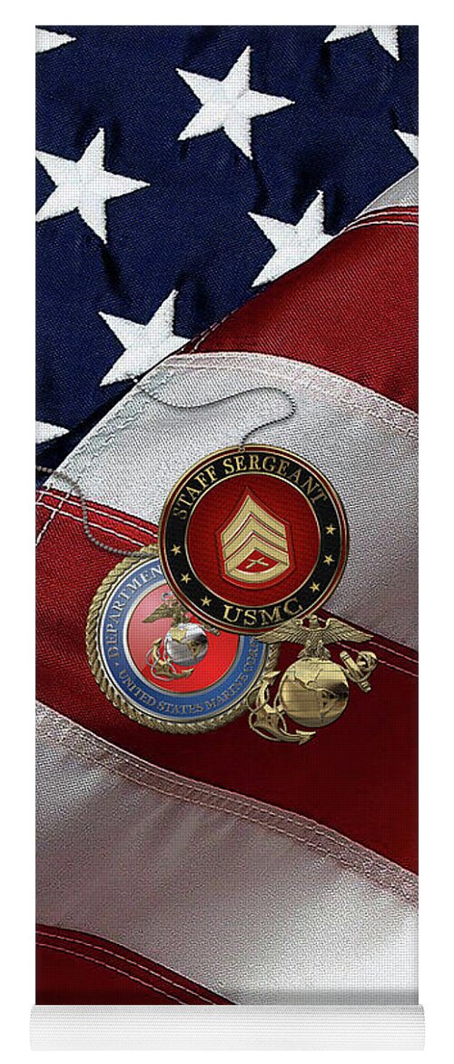 Military Insignia & Heraldry Collection By Serge Averbukh Yoga Mat featuring the digital art U.S. Marine Staff Sergeant - USMC SSgt Rank Insignia with Seal and EGA over American Flag by Serge Averbukh