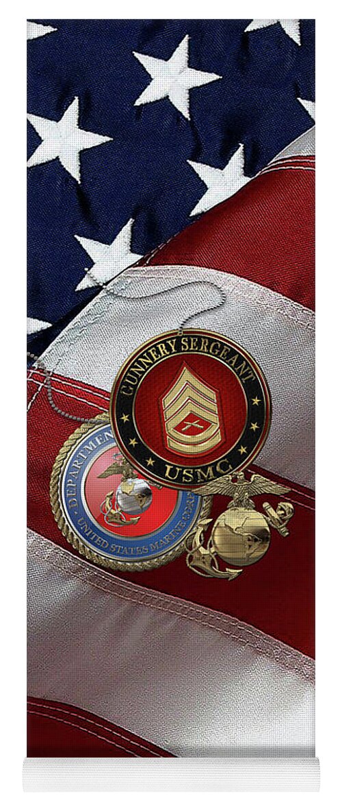 Military Insignia & Heraldry Collection By Serge Averbukh Yoga Mat featuring the digital art U.S. Marine Gunnery Sergeant - USMC GySgt Rank Insignia with Seal and EGA over American Flag by Serge Averbukh