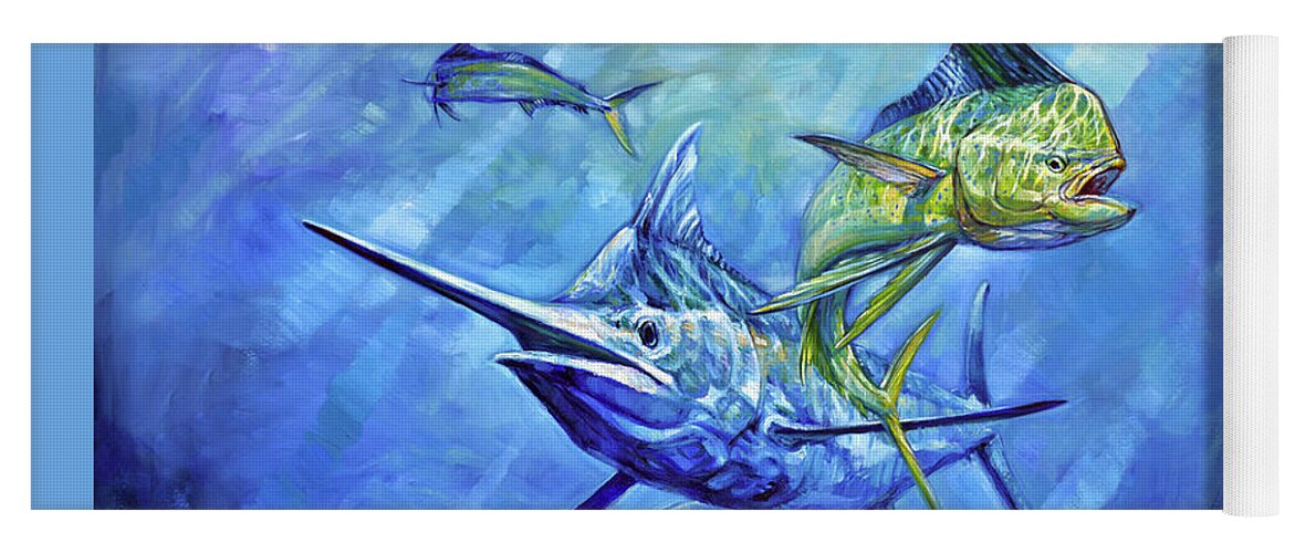 Blue Marlin Yoga Mat featuring the painting Dorado, Marlin and Tuna by Tom Dauria