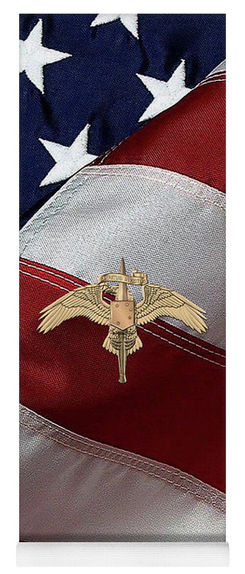 Military Insignia & Heraldry Collection By Serge Averbukh Yoga Mat featuring the digital art Marine Special Operator Insignia - USMC Raider Dagger Badge over American Flag by Serge Averbukh
