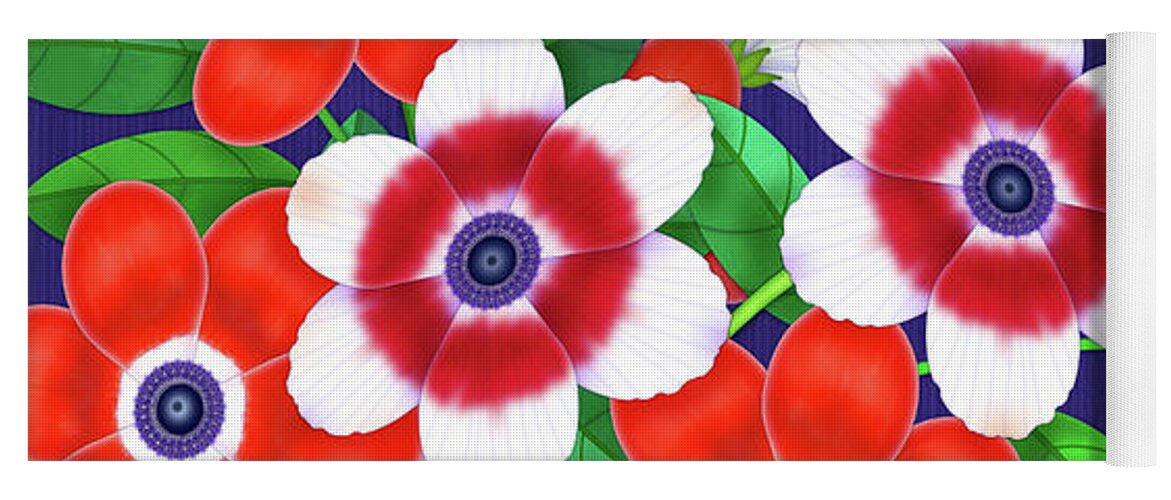 Still Life Yoga Mat featuring the digital art Red Bird with Flowers in Vase by Valerie Drake Lesiak