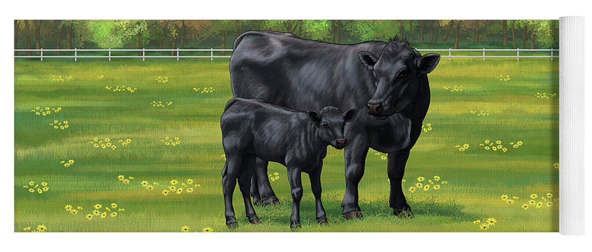 Cows Yoga Mat featuring the painting Black Angus Cow and Cute Calf in Summer Pasture by Crista Forest