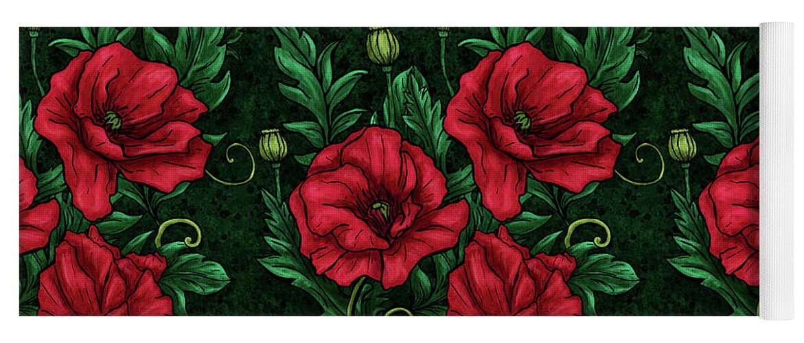 Poppy Yoga Mat featuring the painting Poppies on dark green background pattern, Red and green poppies by Nadia CHEVREL