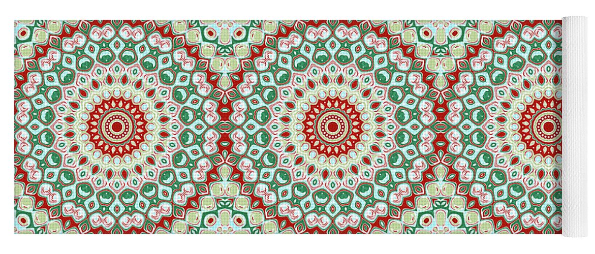 Red And Green Yoga Mat featuring the digital art Christmas Holiday Mandala Kaleidoscope Medallion Flower by Mercury McCutcheon