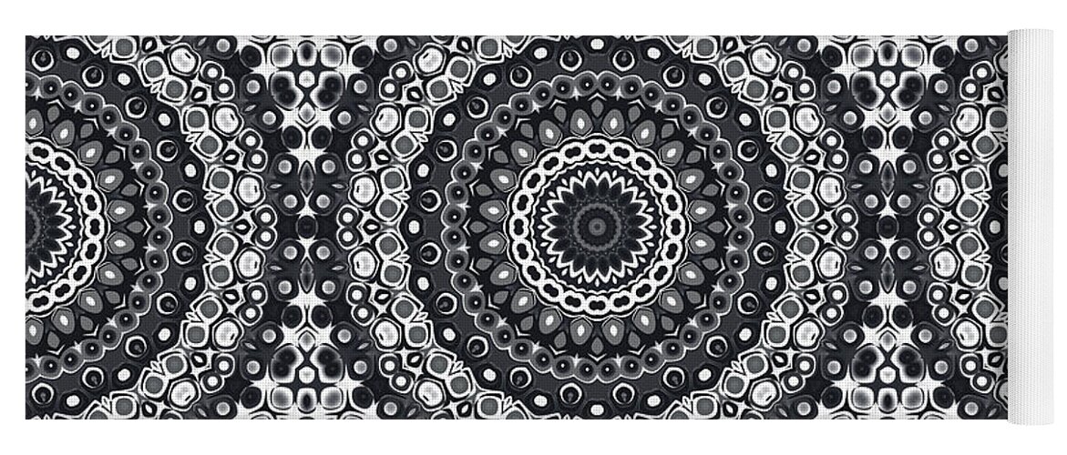 Black Yoga Mat featuring the digital art Black and White Mandala Kaleidoscope Medallion Flower by Mercury McCutcheon