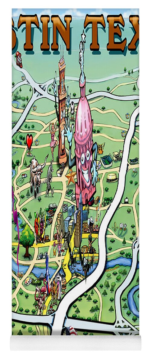 Austin Yoga Mat featuring the painting Austin Texas Fun Map by Kevin Middleton