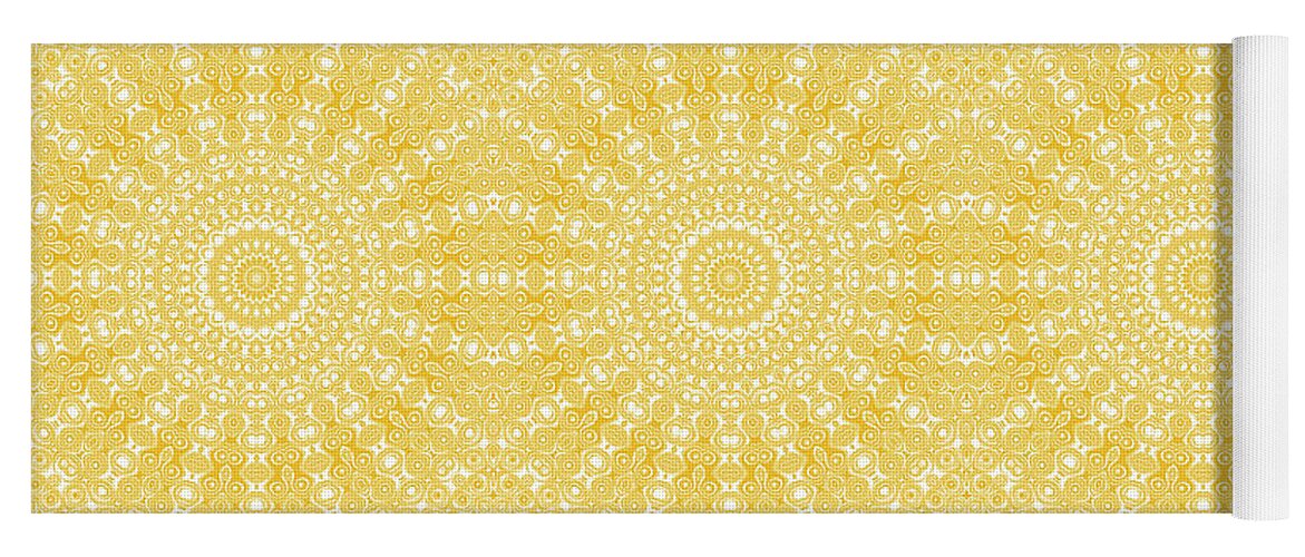 Amber Yoga Mat featuring the digital art Amber on White Mandala Kaleidoscope Medallion Flower by Mercury McCutcheon
