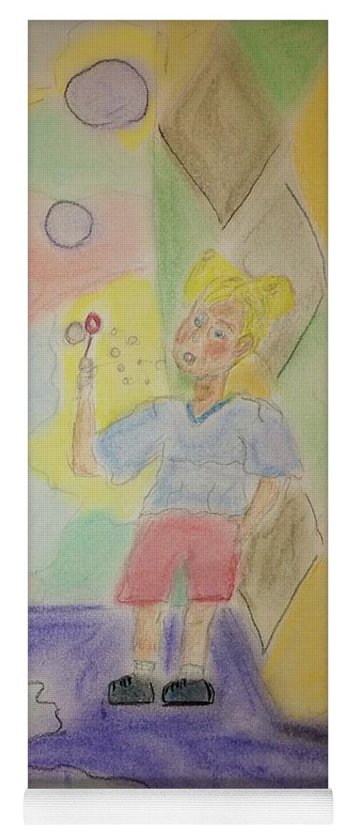 Child Yoga Mat featuring the pastel Ashley Blowing Bubbles by Suzanne Berthier