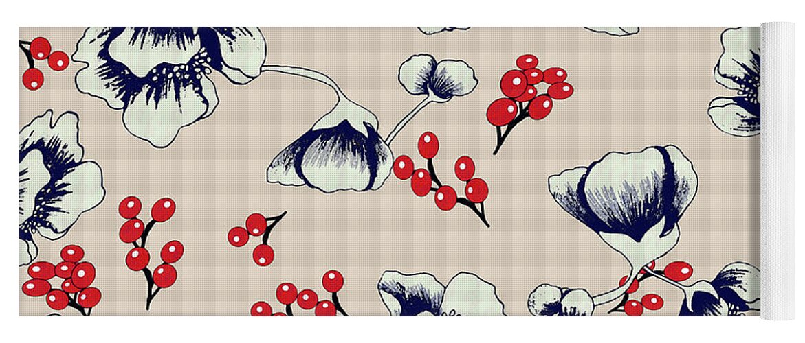 Asian Yoga Mat featuring the digital art Asian Blossoms with Red Berries by Sand And Chi