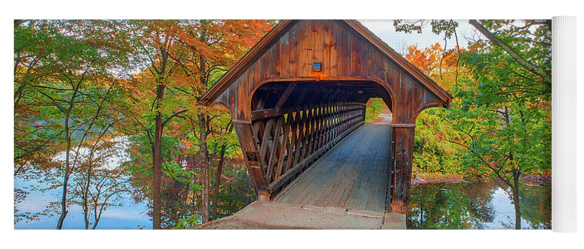 Henniker Covered Bridge Yoga Mat featuring the photograph Autumn Colors at Henniker Covered Bridge and Contoocook River by Juergen Roth