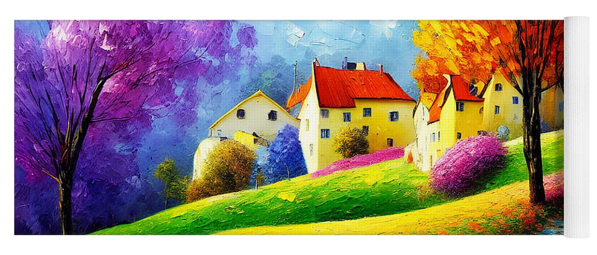 Wingsdomain Yoga Mat featuring the mixed media Autumn Comes To The Countryside Village On The Hill 20221116f by Wingsdomain Art and Photography