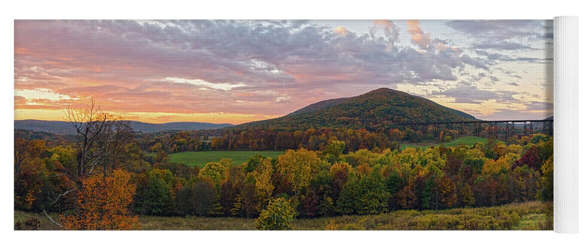 New York Landscape Yoga Mat featuring the photograph Autumn Dawn At Moodna Viaduct Trestle Panorama by Angelo Marcialis