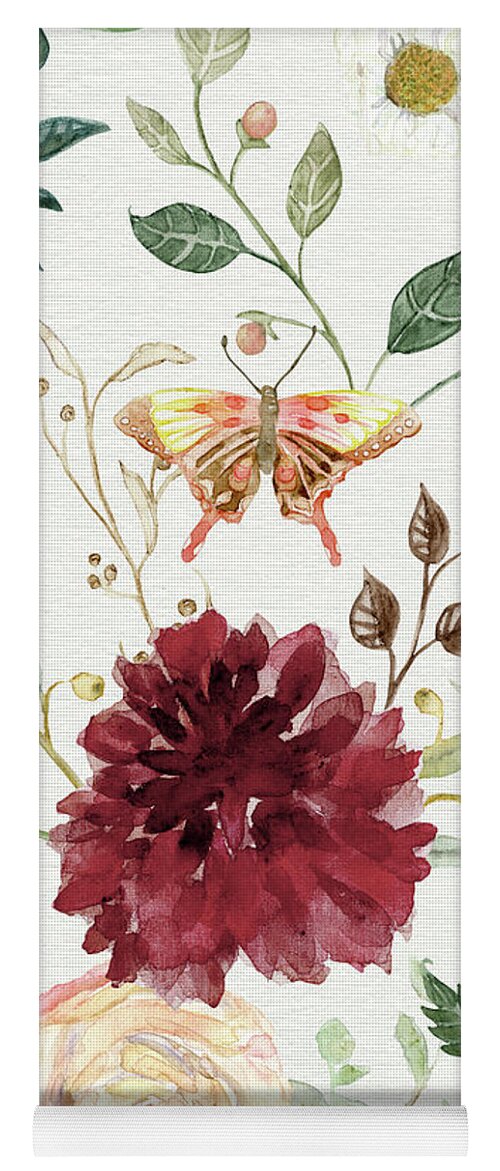 Modern Bohemian Floral Yoga Mat featuring the painting Autumn Fall Burgundy Blush Floral Butterfly w Foliage Greenery by Audrey Jeanne Roberts
