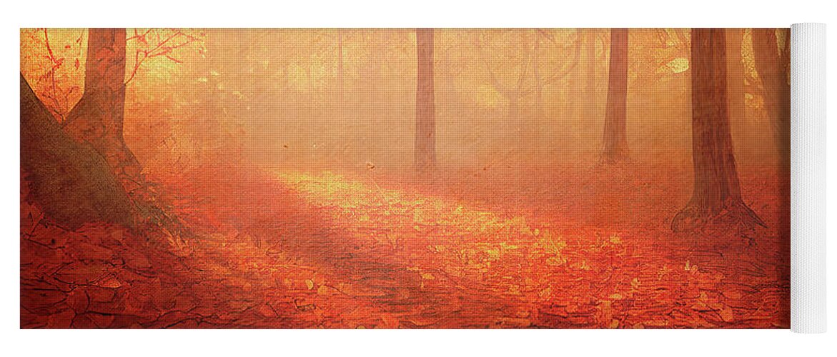 Autumn Yoga Mat featuring the photograph Autumn forest with fallen red leaves and sun rays by Jelena Jovanovic