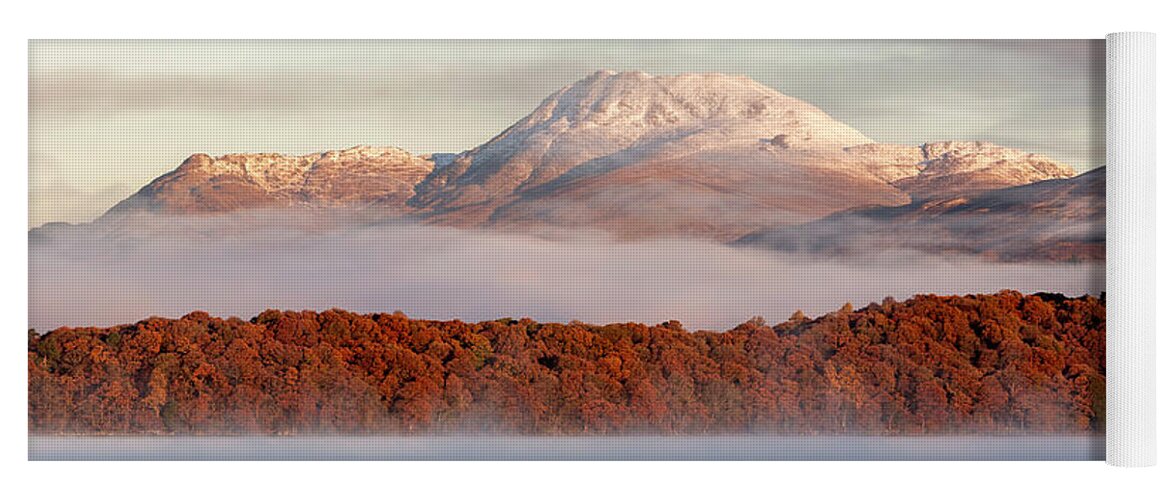 Ben Lomond Yoga Mat featuring the photograph Autumn mist shrouded between Mountain and Loch by Maria Gaellman