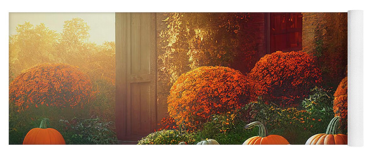 Thanksgiving Yoga Mat featuring the digital art Autumn pumpkins decoration in home garden. Traditional thanksgiv by Jelena Jovanovic