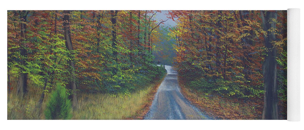 Landscape Yoga Mat featuring the painting Autumn Road by Timothy Stanford