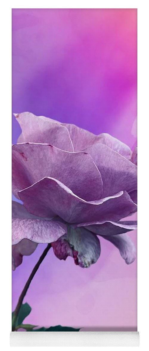 Rose Flower Lavender Blue Pink Green Leaves Yoga Mat featuring the digital art Awesome Lavender Rose by Kathleen Boyles