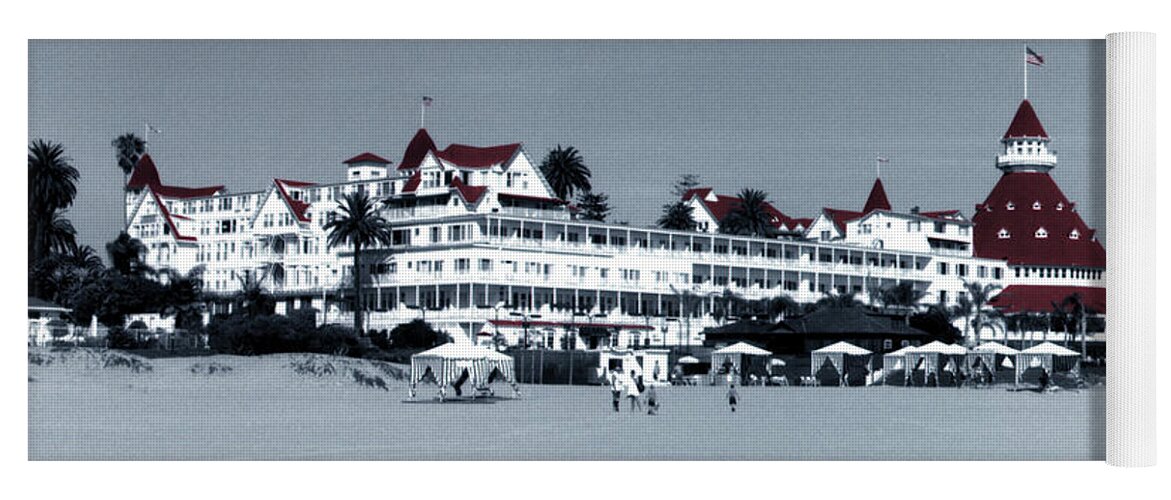 Glenn Mcnary Yoga Mat featuring the photograph B W Hotel Del Coronado with Red Roof by Glenn McNary