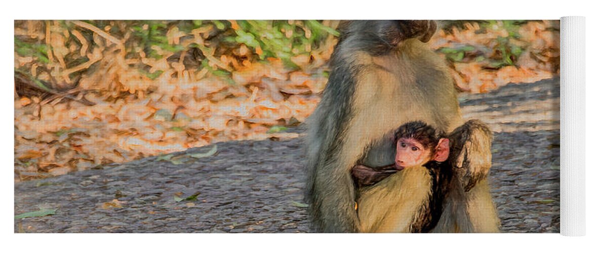Baboon Yoga Mat featuring the photograph Baboon Mama and Baby in Zimbabwe by Marcy Wielfaert