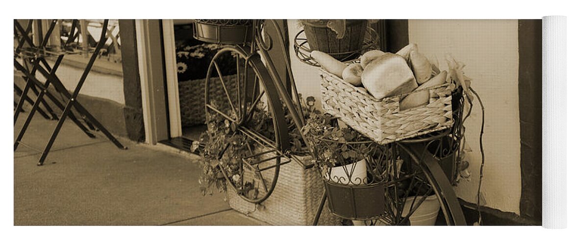 Bike Basket Yoga Mat featuring the photograph Bakery in Bicycle Basket and Flowers in Sepia by Colleen Cornelius