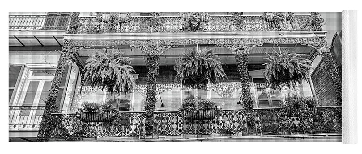 Orleans Yoga Mat featuring the photograph Balcony with Hanging Plants in the New Orleans French Quarter Louisiana Black and Whtie by Toby McGuire