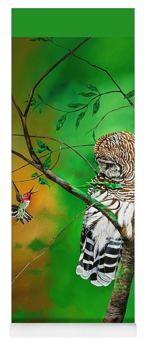 Birds Yoga Mat featuring the painting Barred Owl and Anna's hummingbird by Dana Newman