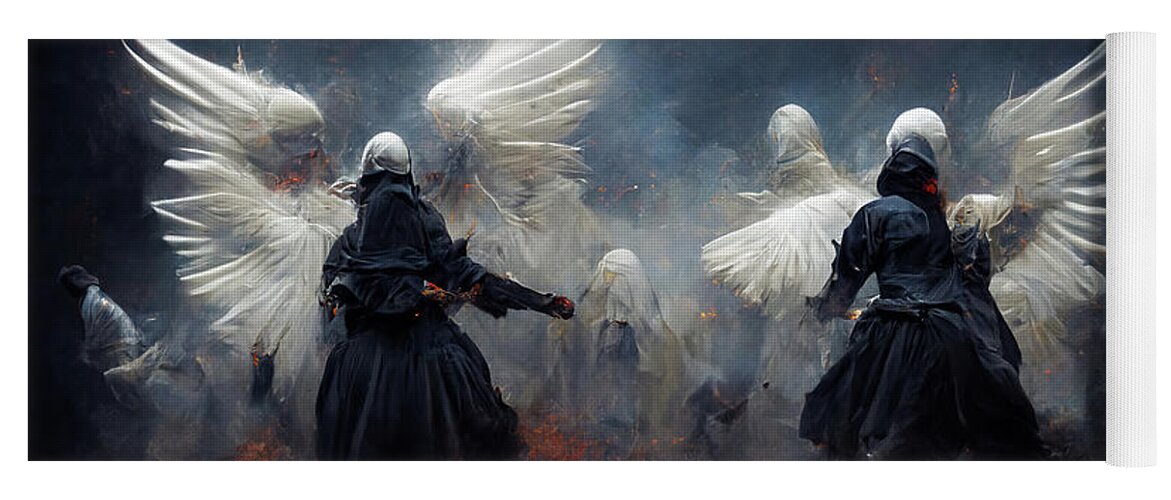 Angels Yoga Mat featuring the digital art Battle Angels fighting in Heaven and Hell 04 by Matthias Hauser
