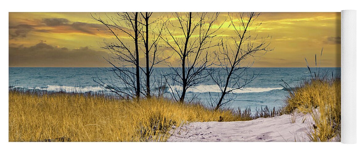 Art Yoga Mat featuring the photograph Beach on Lake Michigan at Sunset by Holland Michigan with Dune G by Randall Nyhof