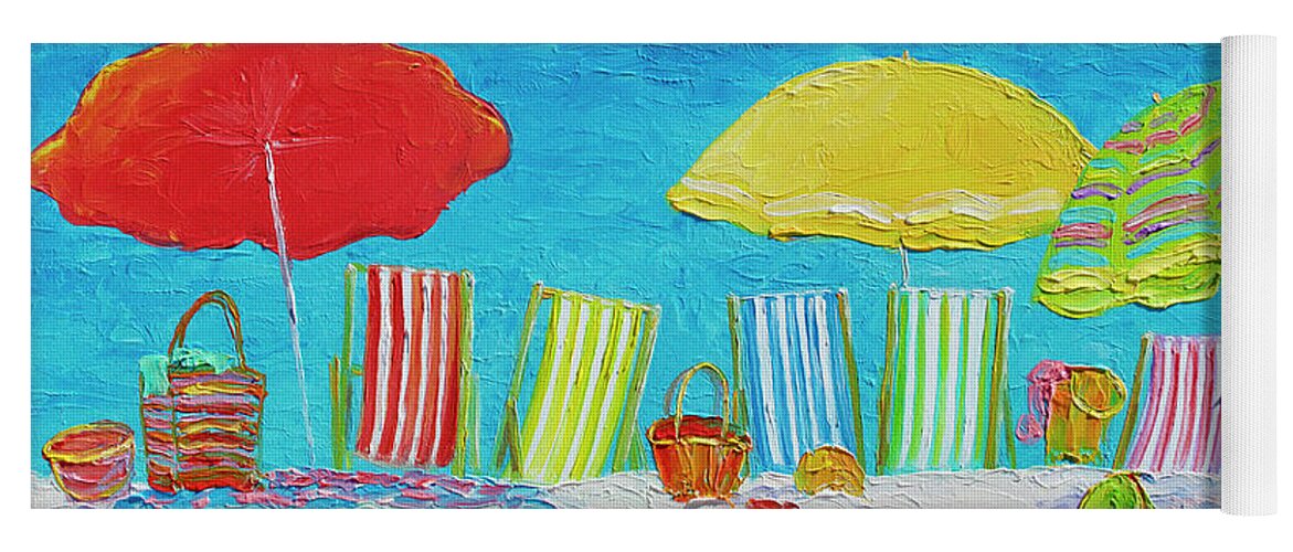 Beach Yoga Mat featuring the painting Beach Painting - Deck Chairs by Jan Matson