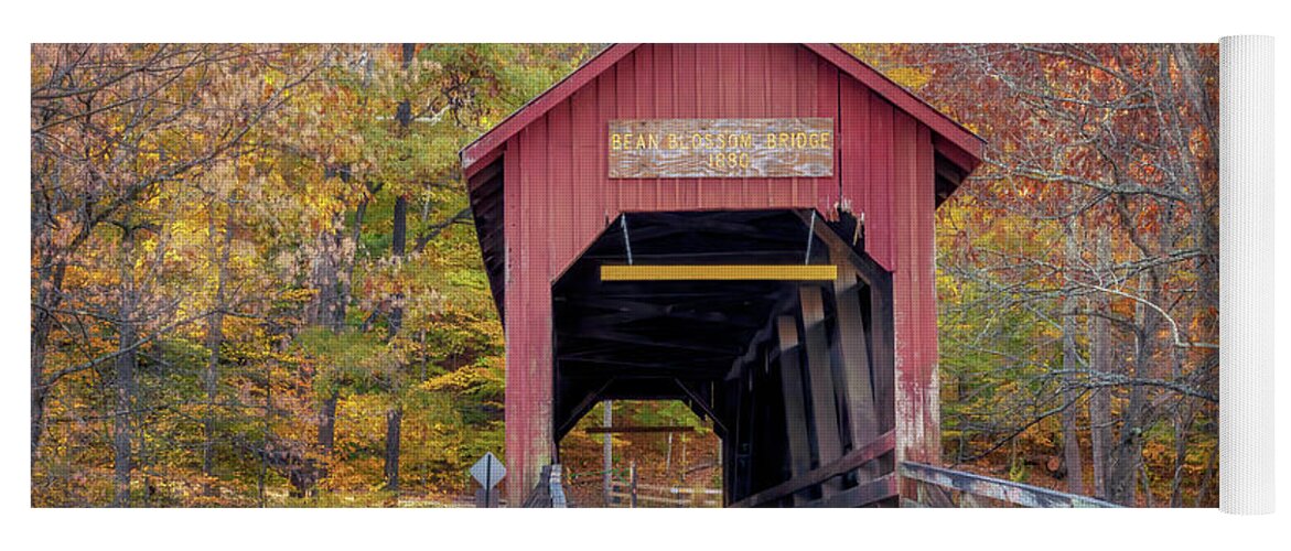 Bean Blossom Bridge Yoga Mat featuring the photograph Bean Blossom Covered Bridge in Autumn by Susan Rissi Tregoning
