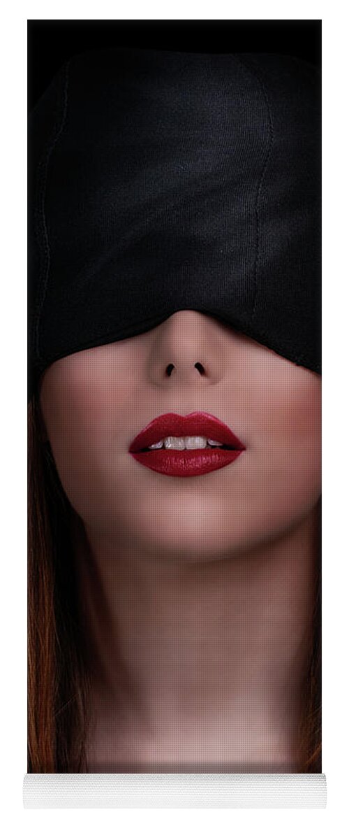 Woman Yoga Mat featuring the photograph Beautiful blindfolded woman with red lipstick by Mendelex Photography