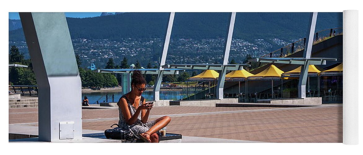 Alex Lyubar Yoga Mat featuring the photograph Beautiful girl in the city center by Alex Lyubar
