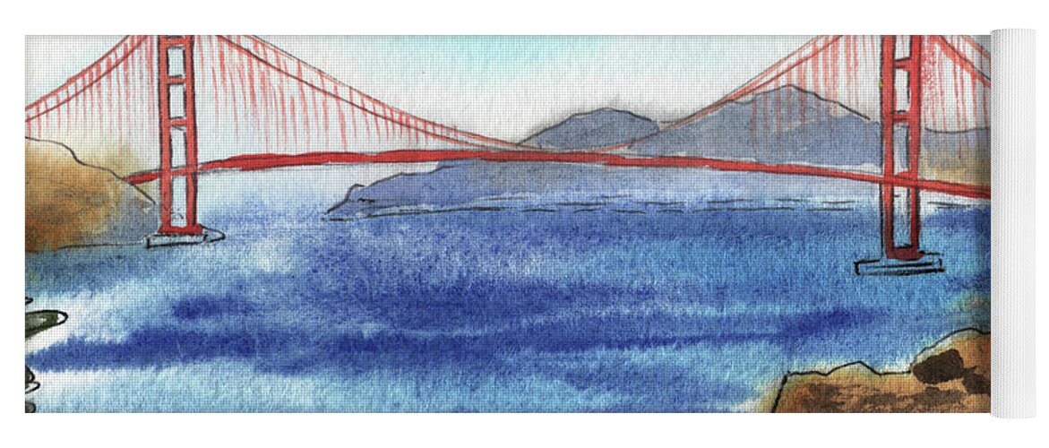 Bridge Yoga Mat featuring the painting Beautiful Golden Gate Bridge San Francisco Bay Watercolor by Irina Sztukowski