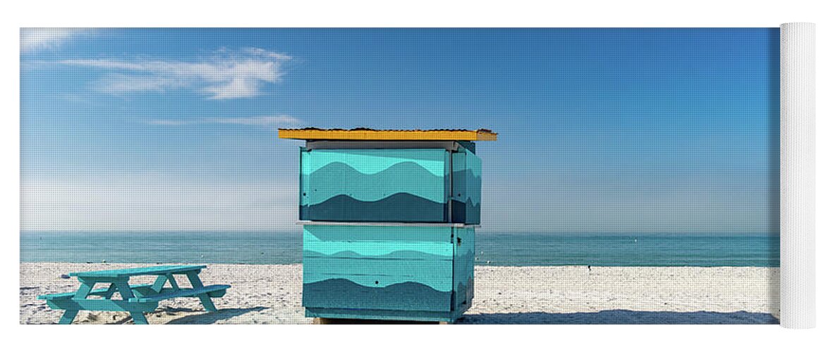 Color Image Horizontal St Pete Beach ×overcast ×morning ×beach ×gulf Of Mexico ×sand ×tranquility ×sea ×seascape ×florida - Us State ×beach Hut ×kiosk ×water ×photography ×seagull ×no People ×scenic - Nature ×coastline ×sky ×nature ×cloud - Sky ×travel ×hut ×lifeguard Hut ×travel Destinations × Yoga Mat featuring the photograph Before the day Starts by Marian Tagliarino